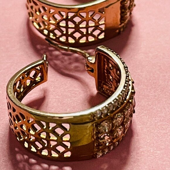 Rose Gold Tone Wide Hoop Earrings with Crystal Pave Detailing - Picture 4 of 6